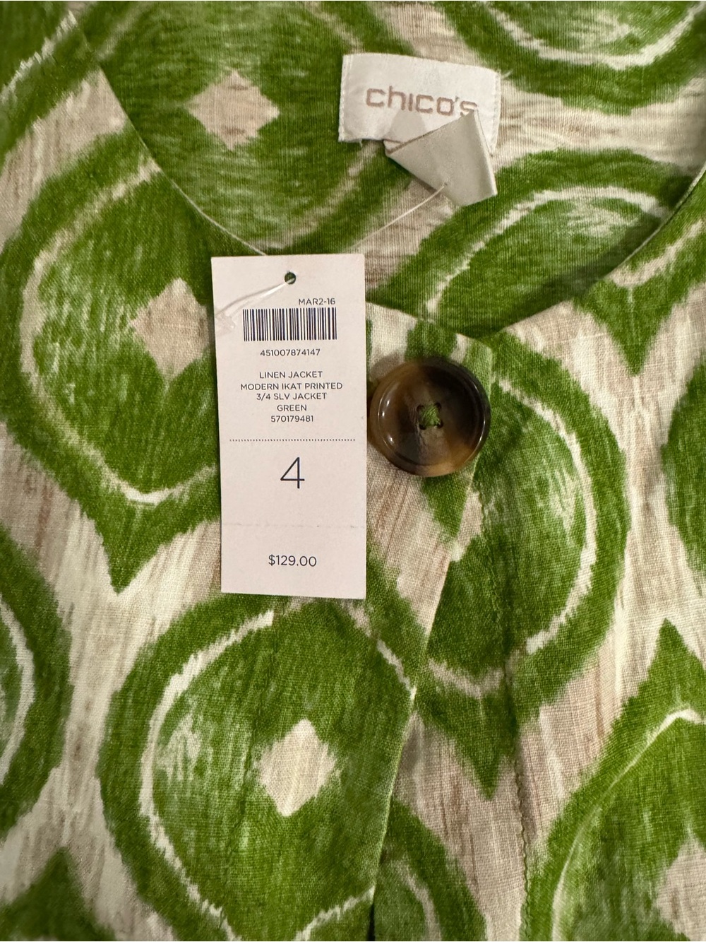 Chico's Green and Cream Ikat-Print Button Front Jacket Linen Beachy Old Money - Picture 4 of 6